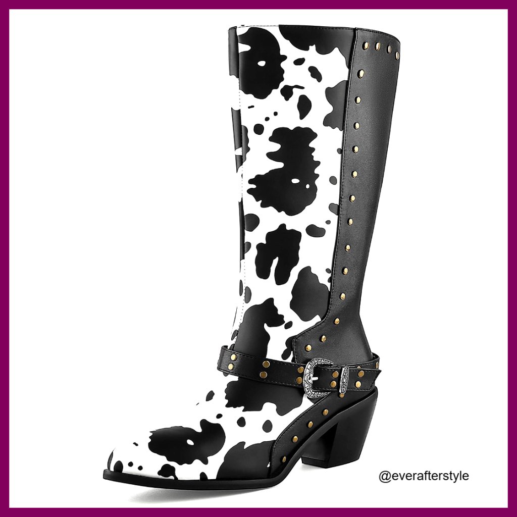 Faux Leather Cow Print Boots Studded Buckle Chunky Heel Zipper